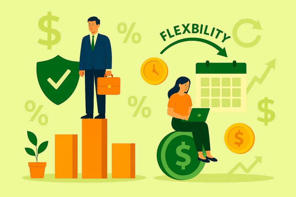 A conceptual flat illustration comparing financial stability and flexibility: a man in a suit stands confidently on rising bars beside a large shield, while a woman works on a laptop sitting on a dollar coin, surrounded by a calendar, arrows, and currency symbols emphasizing flexible financial planning. 