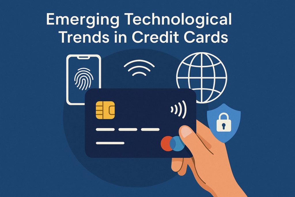 Illustration of a hand holding a credit card surrounded by icons representing fingerprint authentication, wireless payment, global connectivity, and data security, symbolizing emerging technological trends in credit cards.