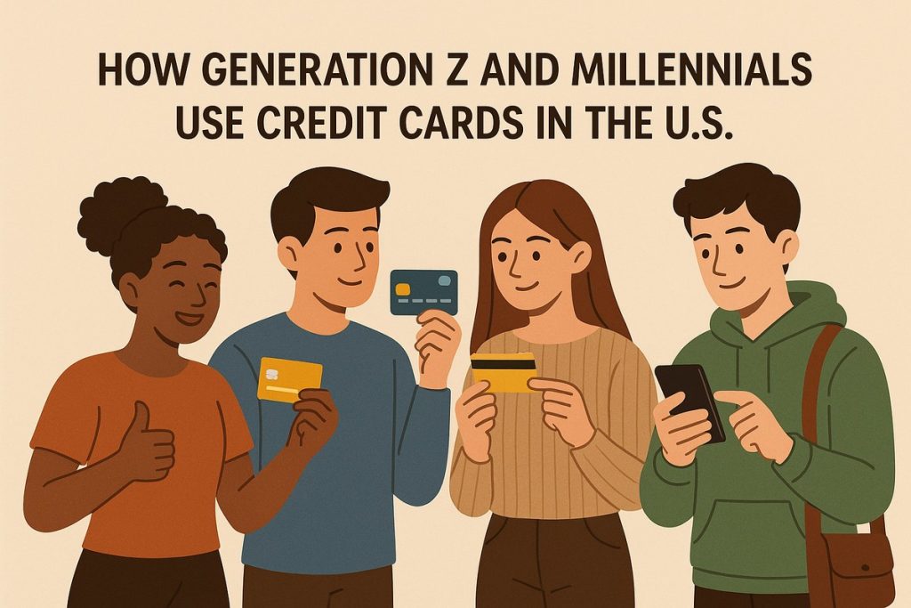 Illustration of four young adults smiling and holding credit cards and a smartphone, symbolizing Generation Z and Millennials’ modern credit card habits in the U.S.