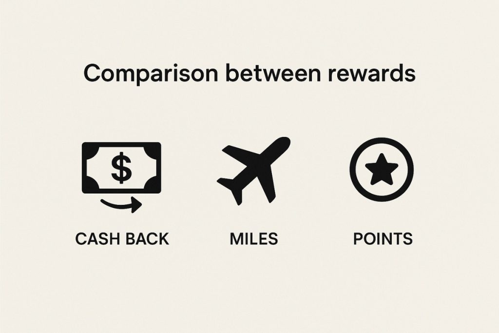 Minimalist illustration showing three icons—a dollar bill with an arrow for cash back, an airplane for miles, and a star inside a circle for points—under the title ‘Comparison between rewards.