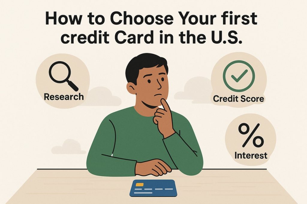 Illustration of a person thoughtfully considering how to choose their first credit card in the U.S., surrounded by icons labeled Research, Credit Score, and Interest.
