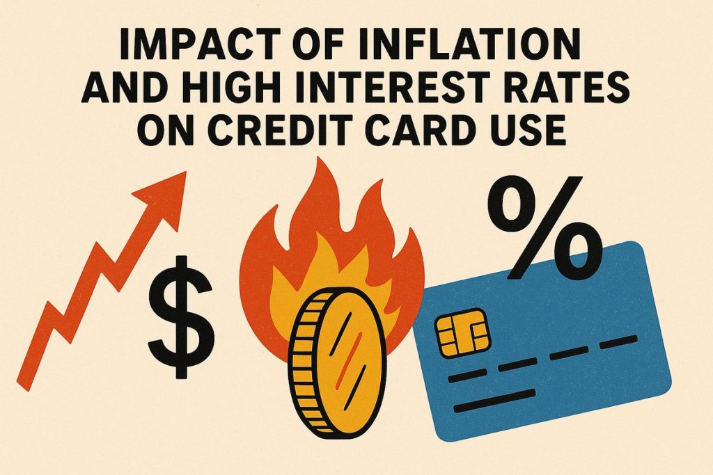 Illustration showing the impact of inflation and high interest rates on credit card use, featuring icons of a rising arrow, a dollar sign, a burning coin, and a credit card with a percentage symbol, representing economic pressure and rising costs.