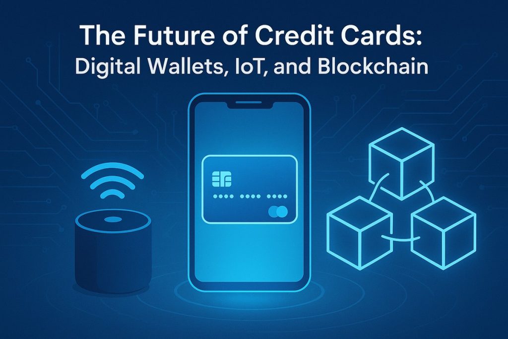 Illustration representing the future of credit cards, featuring a smartphone with a digital card, a wireless IoT device, and blockchain symbols, highlighting innovation in payment technology.