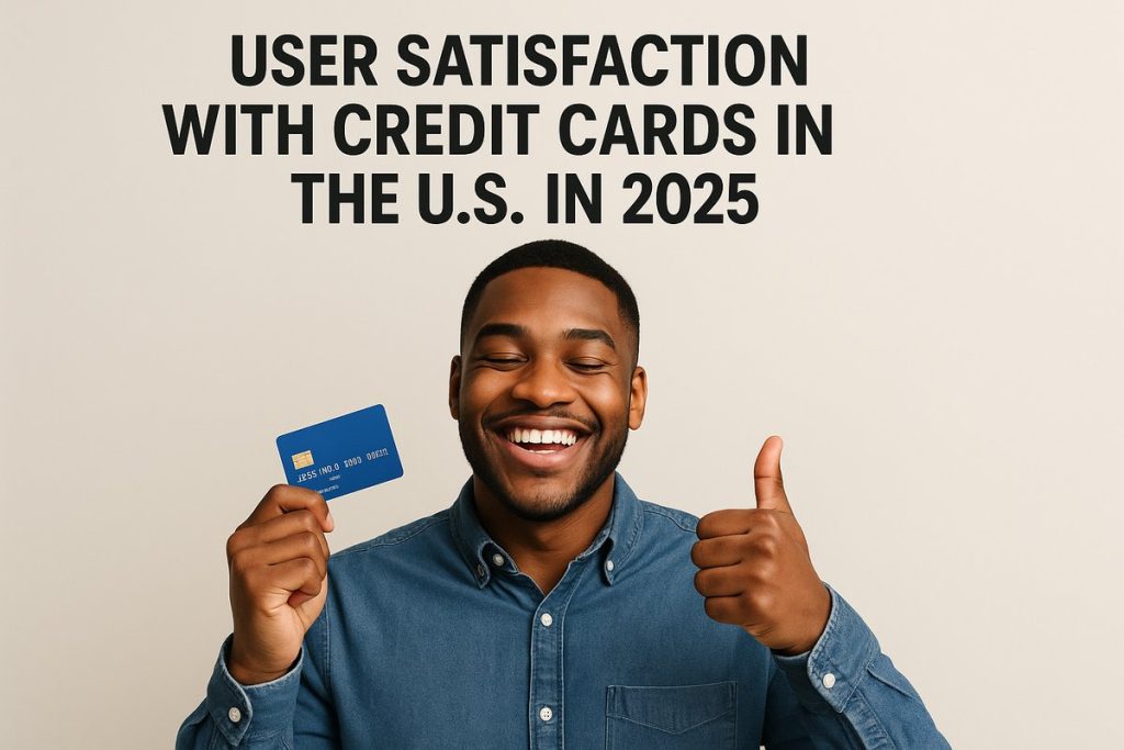 A man smiling and holding a blue credit card while giving a thumbs-up, under the text “User satisfaction with credit cards in the U.S. in 2025” — symbolizing user approval and confidence in credit card experiences.