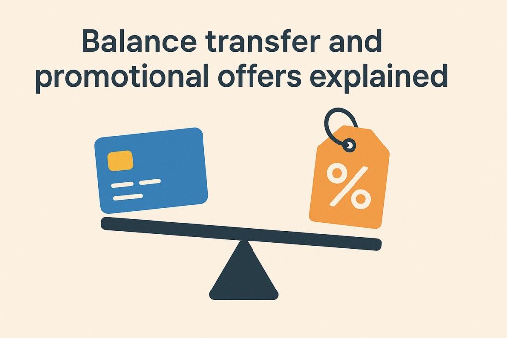 Illustration showing a blue credit card balanced on one side of a scale and an orange percentage tag on the other, symbolizing the concept of comparing credit card balance transfers and promotional offers.