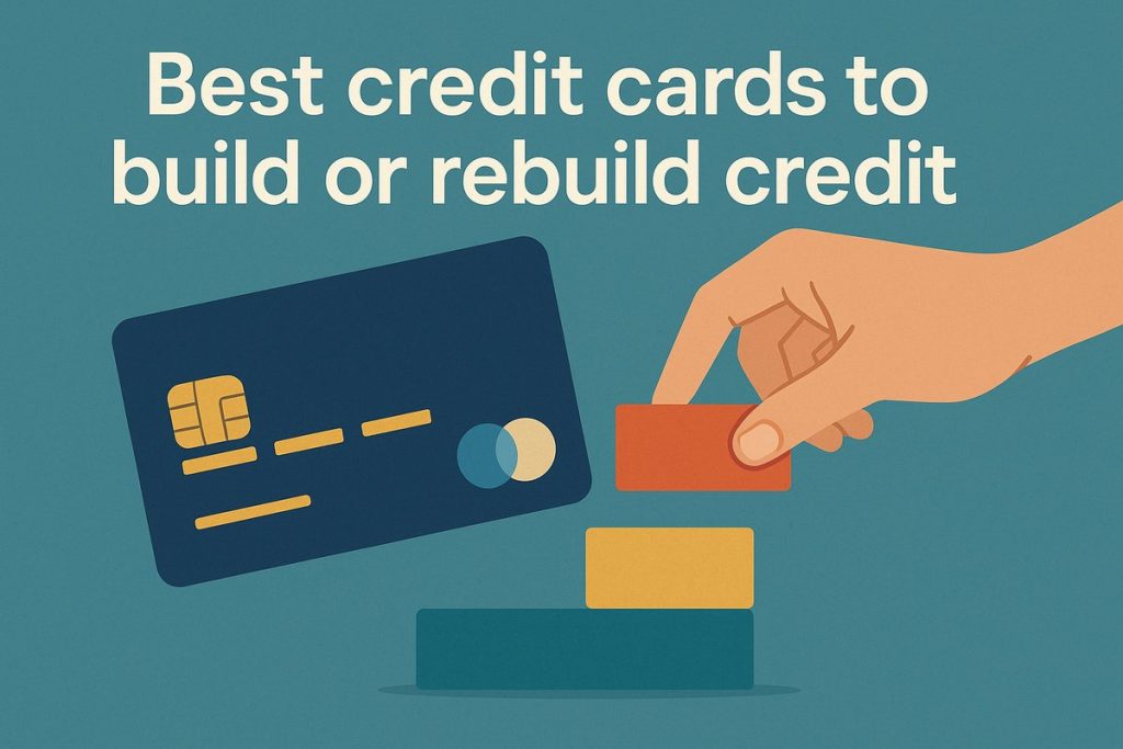 Illustration showing a large credit card next to a hand stacking colorful blocks, symbolizing the process of building or rebuilding credit responsibly, with the title “Best credit cards to build or rebuild credit” above.