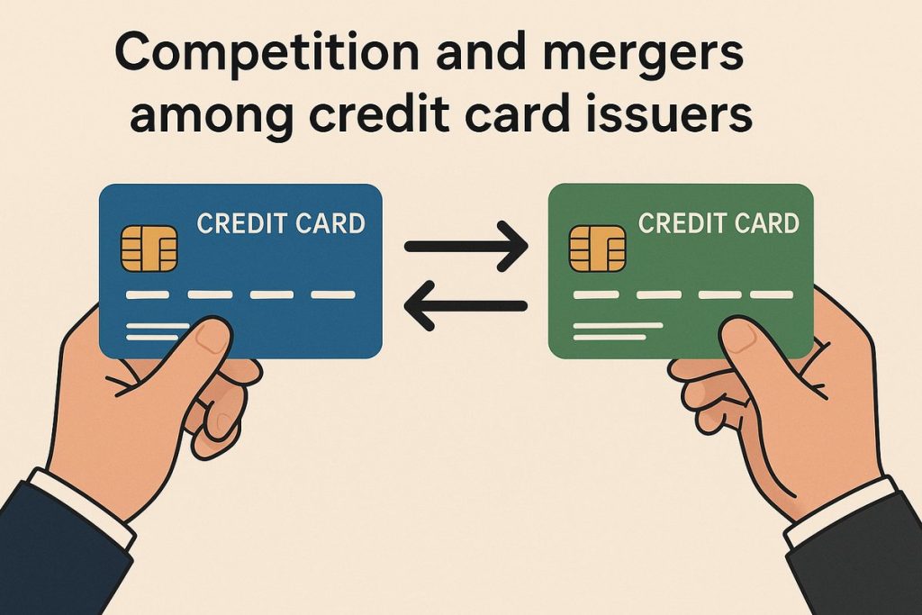 Illustration showing two hands holding blue and green credit cards facing each other with double arrows between them, symbolizing the exchange, collaboration, and competition among credit card issuers.