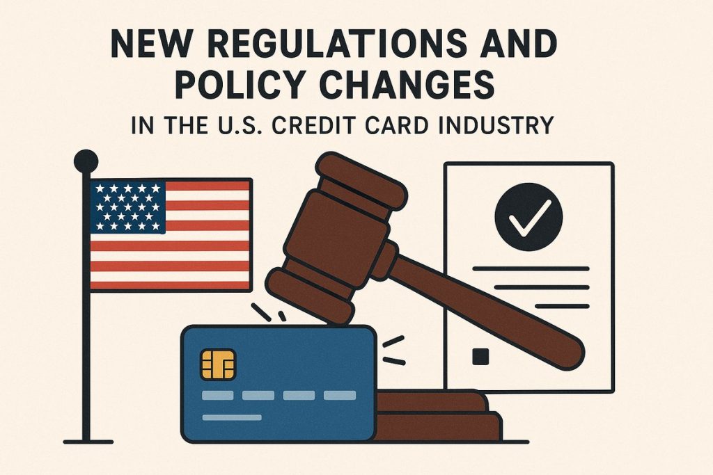 Illustration featuring a gavel striking a blue credit card, the U.S. flag, and a document with a checkmark — symbolizing government oversight and new policy regulations affecting the U.S. credit card system.