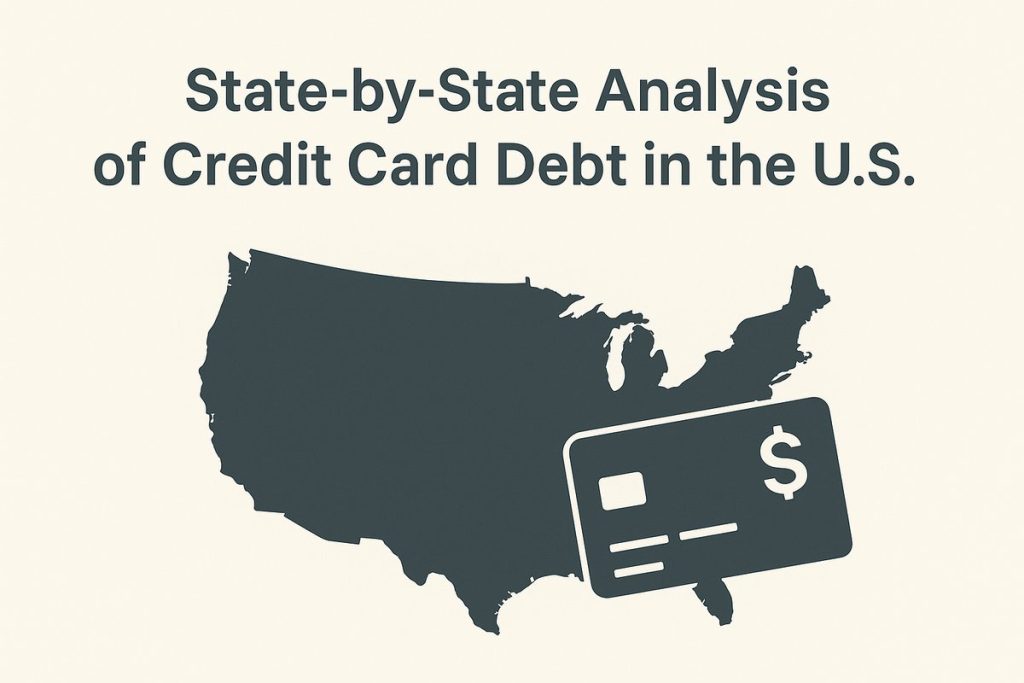 Illustration showing the map of the United States with a large credit card icon beside it, representing a state-by-state analysis of credit card debt levels across the country.