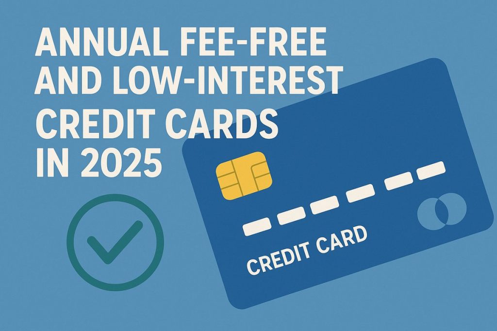 : Illustration of a blue background featuring a credit card with a checkmark icon, symbolizing approval and highlighting annual fee–free and low-interest credit cards available in 2025.