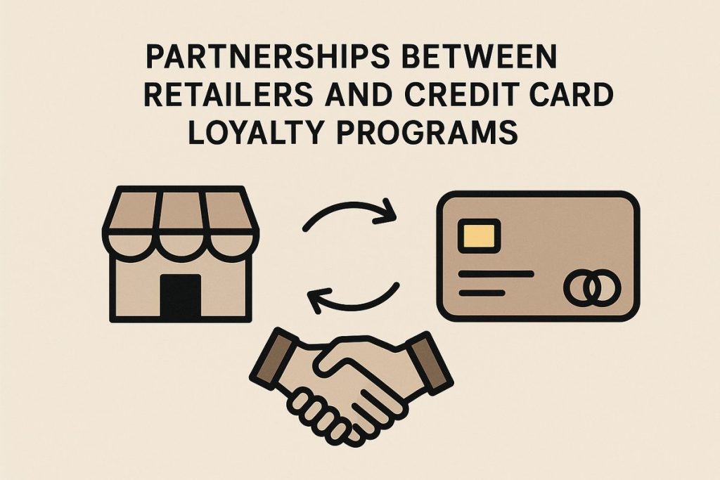 Illustration showing a store icon, a handshake, and a credit card connected by arrows, symbolizing partnerships between retailers and credit card loyalty programs.