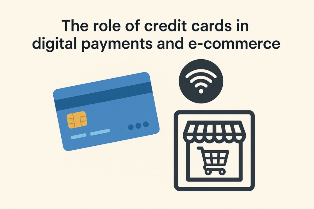 Minimalist illustration featuring a blue credit card, a Wi-Fi icon, and a shopping bag icon symbolizing online stores and secure digital transactions.