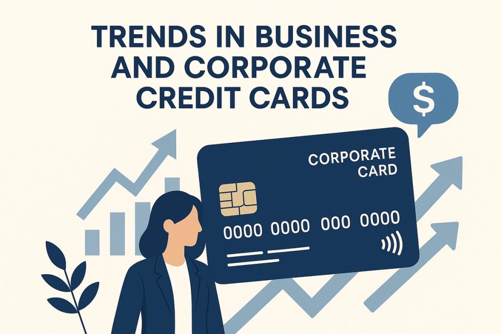 Illustration of a businesswoman standing beside a large blue corporate card, surrounded by upward financial graphs and icons representing growth and modern business finance.