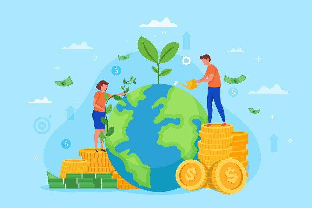 Two people standing on stacks of coins around a large globe, nurturing growing plants sprouting from it, symbolizing global environmental care and economic growth. Dollar bills float in the air, representing financial investment. The image conveys the idea of Sustainable investments (ESG) — balancing profitability with ecological responsibility.