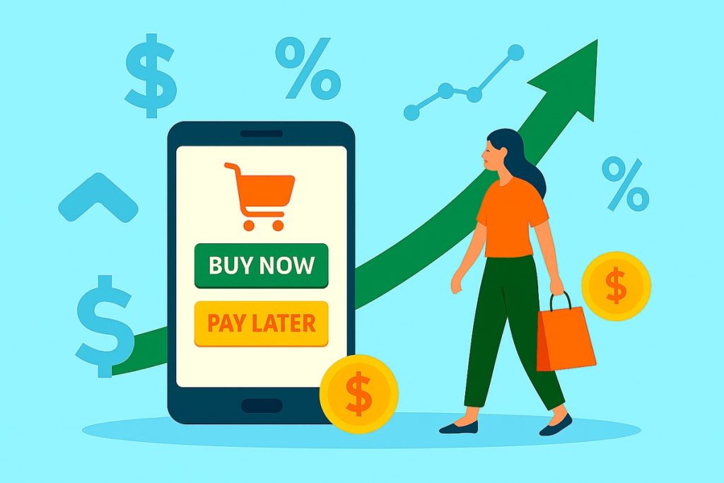 An illustration of a woman holding a shopping bag while standing next to a smartphone displaying “Buy Now” and “Pay Later” options. Arrows, dollar signs, and percentage icons surround the scene, symbolizing the growing financial trend and consumer behavior shifts in digital payment systems. 