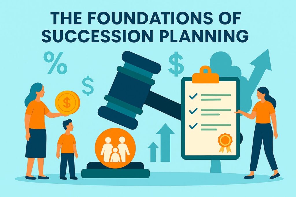 A flat-style digital illustration showing the concept of succession planning, with a gavel, checklist on a clipboard, and family members symbolically transferring wealth, surrounded by financial icons such as dollar signs and arrows.