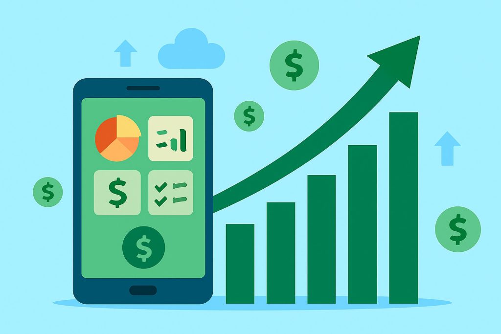 Modern flat illustration of a smartphone showing financial app icons like pie charts, bar graphs, and checklists, with floating dollar symbols and an upward arrow rising beside a green bar chart, symbolizing the growth and popularity of personal finance tracking applications.