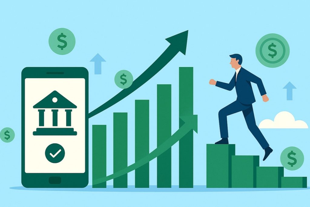 Illustration showing a businessman climbing upward bars shaped like a financial growth chart beside a smartphone with a banking icon, symbolizing the rise and expansion of digital banks in the global financial industry.