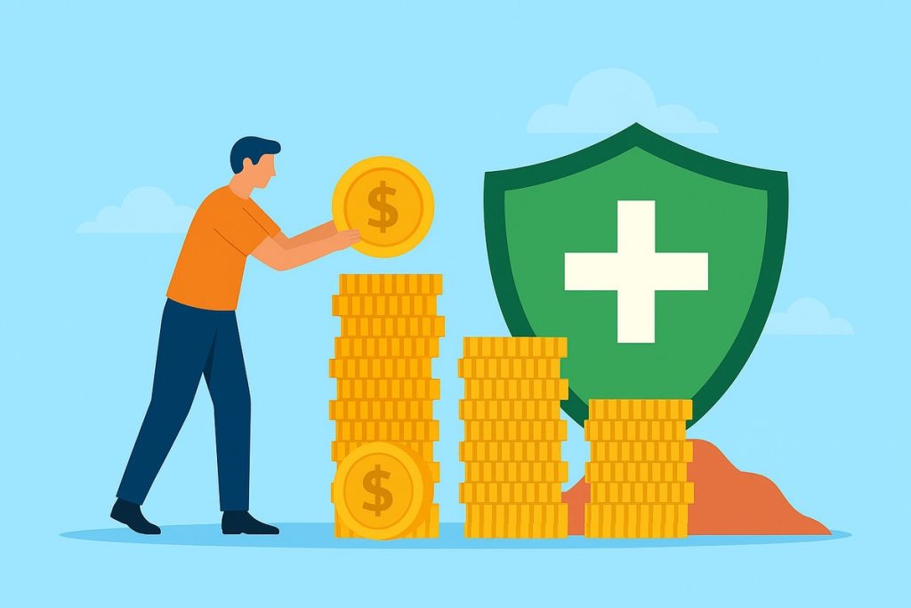Illustration of a man stacking golden coins beside a large green shield with a white cross, symbolizing the process of building a strong emergency fund and maintaining financial security.