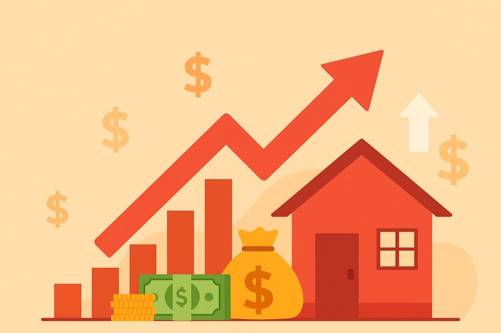 Illustration symbolizing the cost of living increase, showing a red upward arrow, a house, money bags, coins, and bar charts on a warm orange background, representing inflation, higher rent, and growing financial pressure on households.