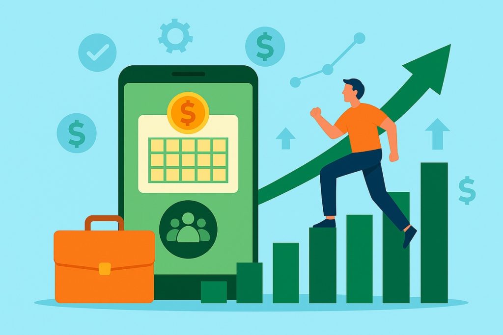 Flat-style illustration showing a man climbing upward bar graphs next to a large smartphone displaying a dollar symbol and calendar, representing the rise of the flexible economy and growth in digital work opportunities.