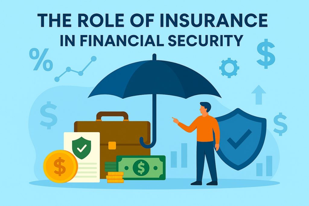 Flat-style illustration showing a man standing beside a large umbrella protecting financial elements such as coins, bills, and a briefcase, with icons representing growth and percentages, symbolizing the role of insurance in financial security.