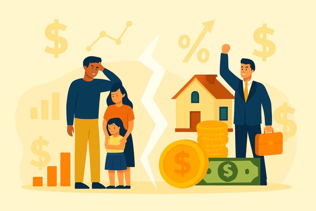Flat-style digital illustration showing the economic divide, with one side representing a struggling family and the other depicting a wealthy businessman with money, coins, and a house, symbolizing financial disparity and the roots of income inequality.