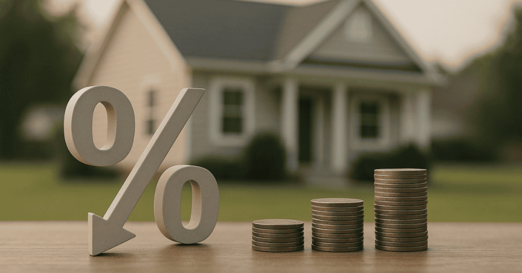 Stacked coins beside a percentage symbol in front of a house, representing real estate investments and interest rate changes.