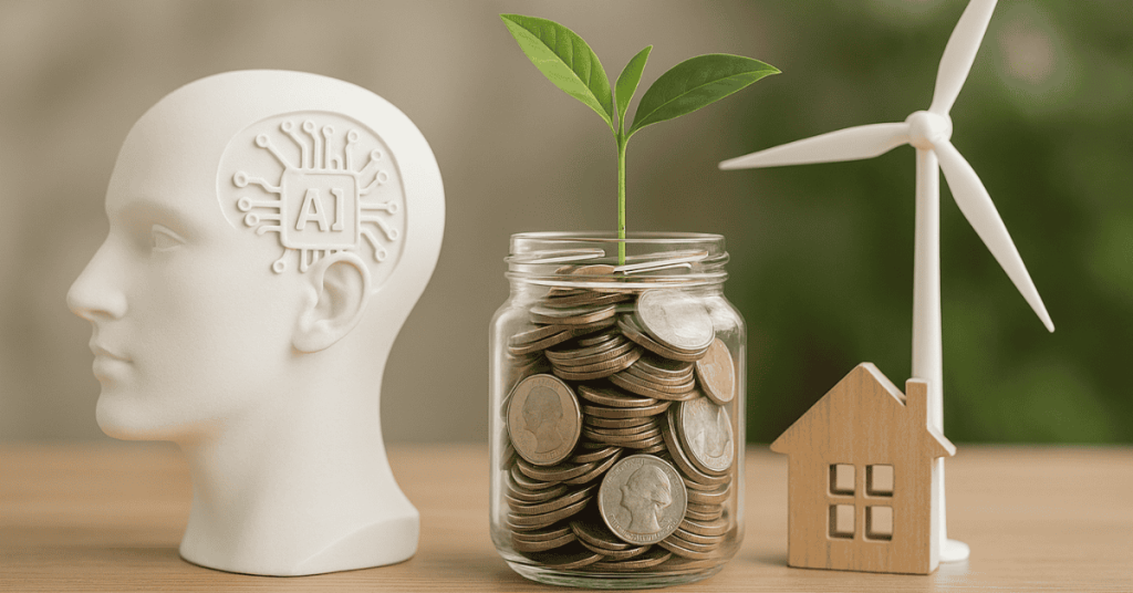 Artificial intelligence head beside a jar of coins with a growing plant, house model, and wind turbine, representing smart, eco-friendly, and future-oriented investments.