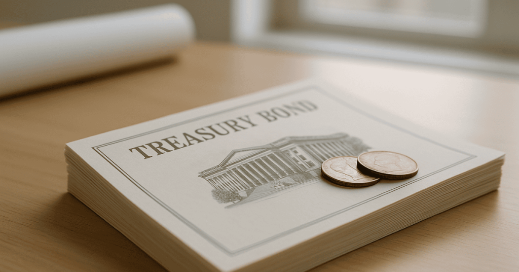 Stack of Treasury bonds with coins on a desk, representing financial stability and fixed-income investments.
