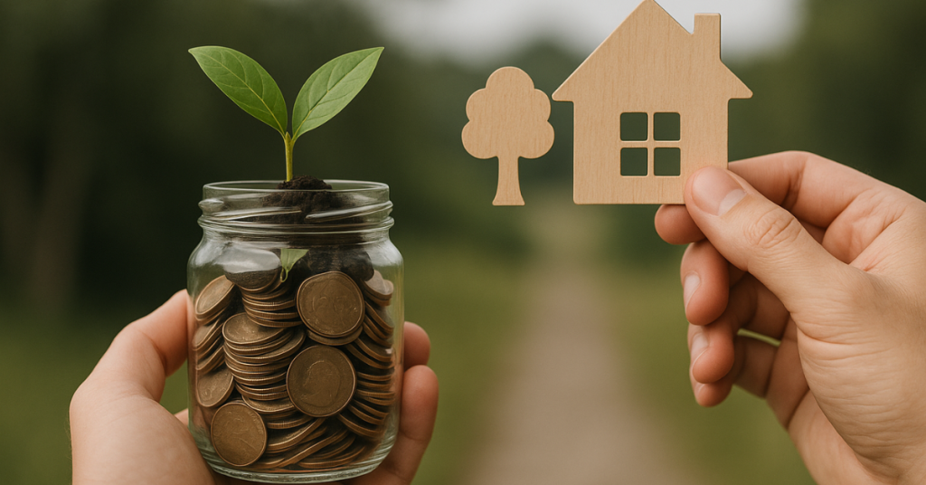 Hands holding a jar filled with coins and a plant growing from it next to wooden icons of a tree and house, representing green real estate investments.