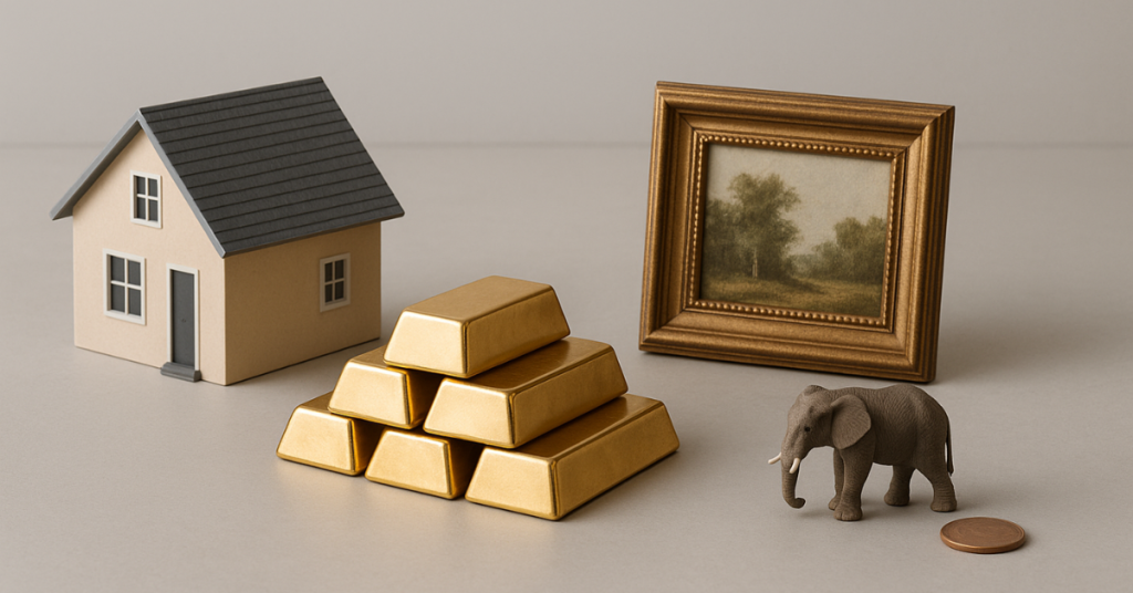 Model house, gold bars, framed artwork, and elephant figurine arranged together, illustrating the growth of alternative assets and tangible investments.