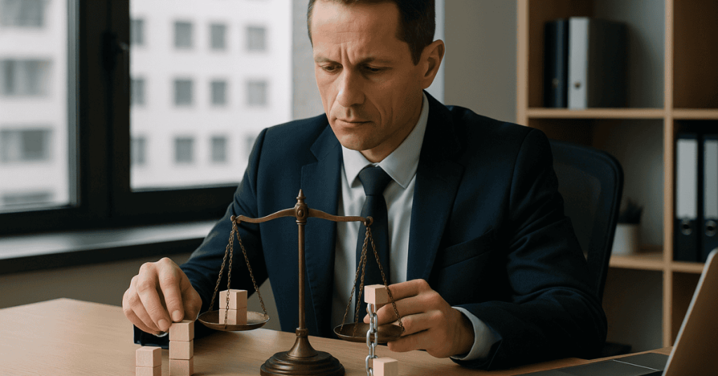 Businessman in a suit analyzing a balance scale with wooden blocks, symbolizing decision-making, financial equilibrium, and strategic investments.