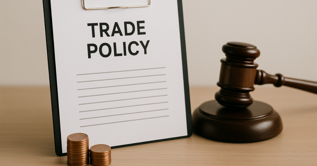 Clipboard with “Trade Policy” and judge’s gavel beside coin stacks, symbolizing legal regulations and policy impact on investments.