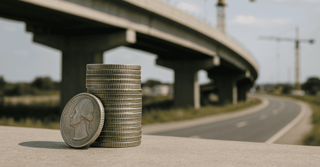 Stack of coins in front of a modern bridge and highway, illustrating infrastructure and transportation investments.
