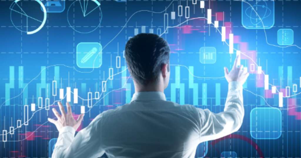 Businessman analyzing digital financial data and stock charts on a virtual screen, representing data-driven decisions and smart investments.