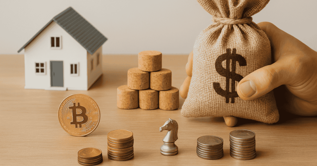 Coins, bitcoin, house model, and money bag symbolizing diversification, cryptocurrency, and real estate investments.