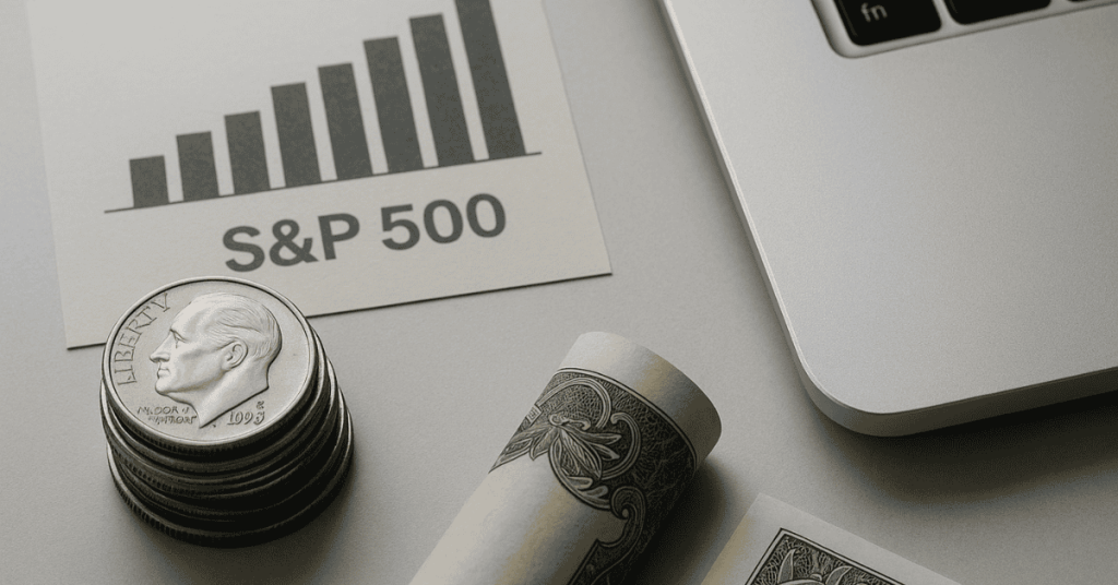 S&P 500 chart with coins, banknote, and laptop, illustrating analysis of stock market data and financial investments.