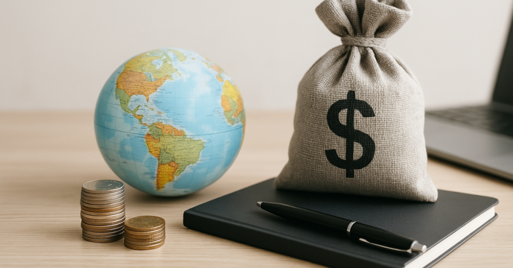 Globe, coins, and money bag on a desk, representing global finance, trade, and international investments.