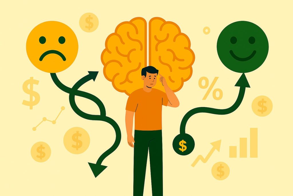 A flat-style illustration depicting a person with a brain behind them, flanked by happy and sad emoticons connected to arrows leading up and down, representing emotional impact on financial decision-making and investment behavior. 